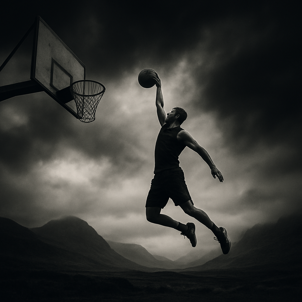 Basketball action against a dramatic Scottish sky