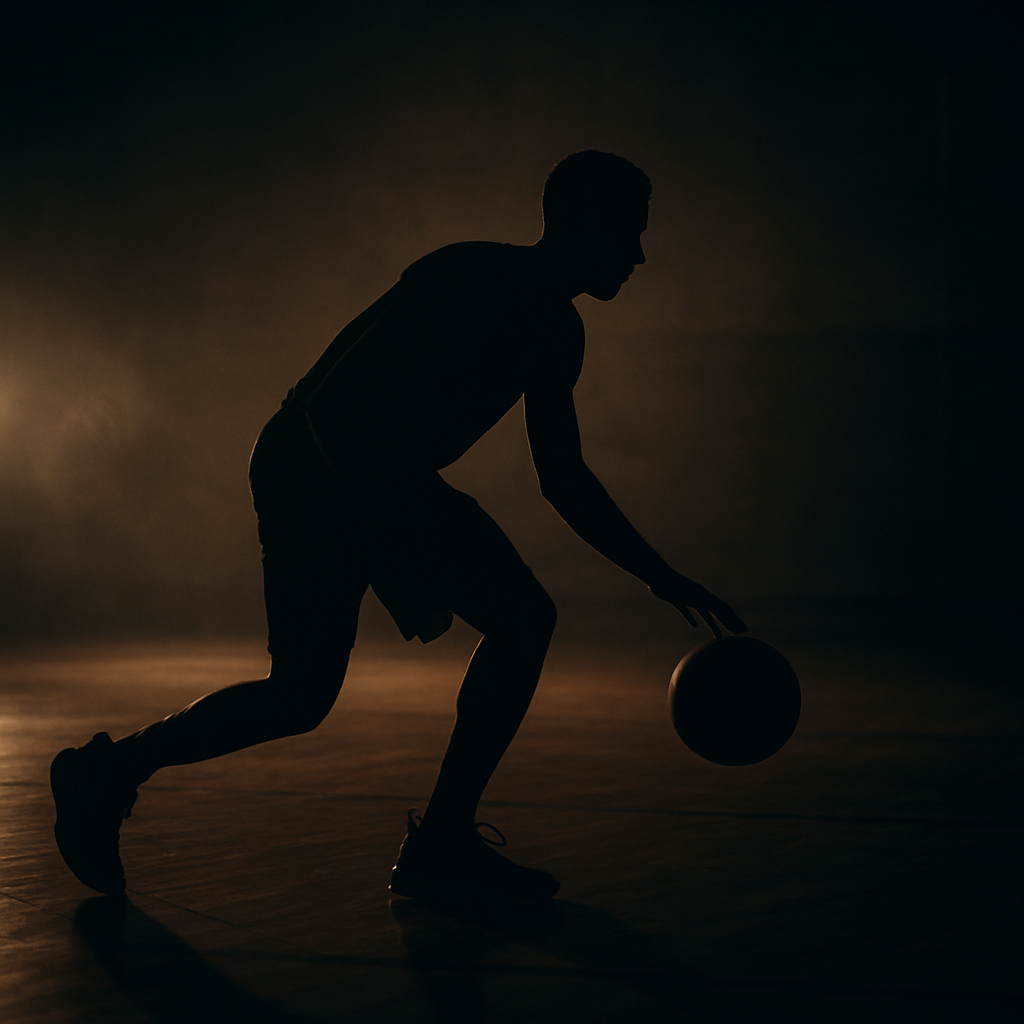 Basketball training with dramatic lighting